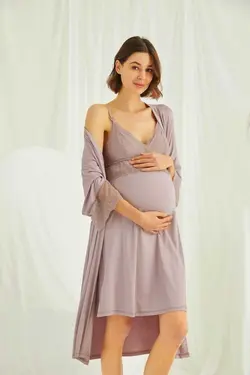 ست لباس شب شیردهی قابل تنظیم بلند و گشاد توری قهوه ای سموری بارداری بند‎دار زنانه برند MONAMİSE کد 1676847048