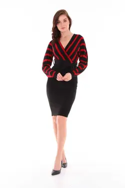 پیراهن طرح‎دار یقه هفت خطدار رنگ قرمز مشکی کمربند پارچه ای زنانه برند asur boutique کد 1677073658