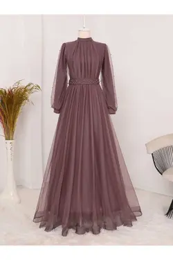 لباس مجلسی پوشیده کمر توری مهره دوزی شده آستین برند PAŞAMANLAR کد 1677040424