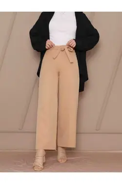 لایکرا دور کمر پاچه گشاد کشی شیری شلوار کمربند دار قهوه زنانه برند Lucia Fashion کد 1678980045