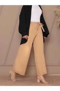 لایکرا دور کمر پاچه گشاد کشی شیری شلوار کمربند دار قهوه زنانه برند Lucia Fashion کد 1678980045