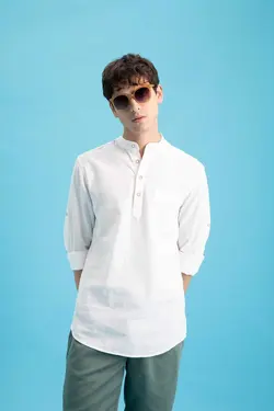 پیراهن اسلیم فیت کتان آستین بلند یقه دیپلمات برند Defacto کد 1678948547