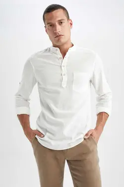 پیراهن اسلیم فیت کتان آستین بلند یقه دیپلمات برند Defacto کد 1678948547