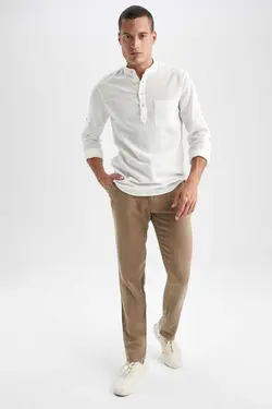 پیراهن اسلیم فیت کتان آستین بلند یقه دیپلمات برند Defacto کد 1678948547