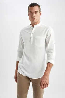 پیراهن اسلیم فیت کتان آستین بلند یقه دیپلمات برند Defacto کد 1678948547