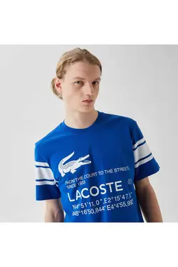 تیشرت چاپی یقه گرد آبی مردانه برند Lacoste کد 1679159906