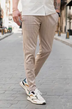 دور کمر جاگر راه‎راه بژ شلوار مردانه برند Valiberta کد 1679948951