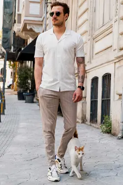 دور کمر جاگر راه‎راه بژ شلوار مردانه برند Valiberta کد 1679948951