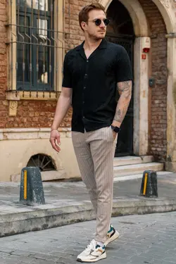 دور کمر جاگر راه‎راه بژ شلوار مردانه برند Valiberta کد 1679948951