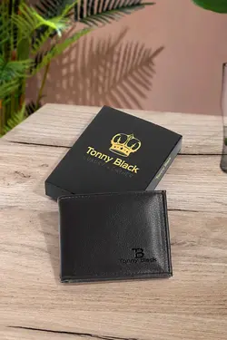 کیف پول جا کارتی کاغذی قسمته سکه جعبه‎دار مدل کادو چرم مشکی مردانه اصل برند Tonny Black کد 1683192850
