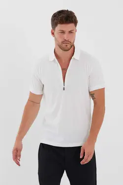 بافتنی پنبه ای یقه سه دکمه زیپدار تک رنگ تیشرت برند Plus Ninety کد 1683441407