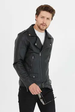 کاپشن کت چرم ضربدری فصل جدید کمربند‎دار زیپدار مشکی مردانه برند Mero Life کد 1683470724