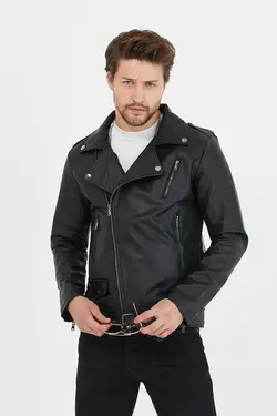 کاپشن کت چرم ضربدری فصل جدید کمربند‎دار زیپدار مشکی مردانه برند Mero Life کد 1683470724