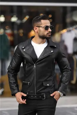 کت چرم ضربدری بایکر کمربند‎دار مشکی زیپدار مردانه برند PRİFALDİ کد 1683470705