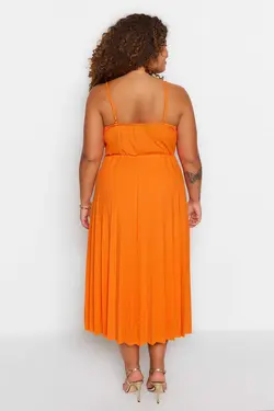 پیراهن بافتنی پلیسه دار یقه هفت نارنجی a-line برند Trendyol Curve کد 1683545713