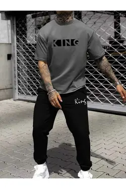 ست گشاد King چاپی تیشرت مشکی مردانه برند DUBU BUTİK کد 1683887435