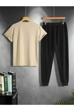 ست لباس راحتی گشاد چاپی قهوه ای سموری تیشرت مشکی مردانه برند DUBU BUTİK کد 1683887372