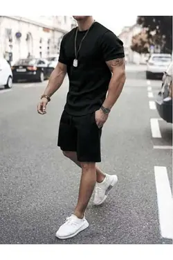 ست شلوارک تیشرت گشاد ترکیبی مشکی برند Baycombine35 کد 1683986637