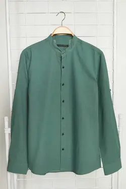 پیراهن اسلیم فیت 100پنبه ای سرشونه دار یقه دیپلمات ساده سبز تیره مردانه برند TRENDYOL MAN کد 1684845818