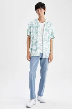 پیراهن متناسب ابریشم مصنوعی یقه آستین کوتاه چاپی برند Defacto کد 1685258316