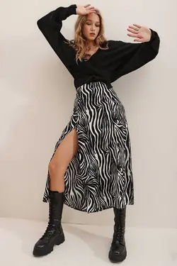دامن نرم دور کمر بلند قد تابستانی بافتنی چاک دار مشکی زنانه برند Hera Fashion کد 1685205038