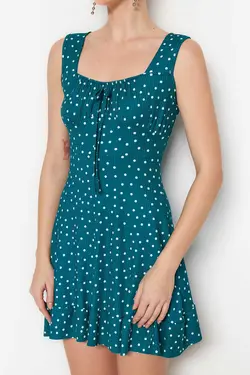 پیراهن بافتنی کوچک یقه والان‎دار مربع چاپی خال خالی نفتی a-line برند TRENDYOLMİLLA کد 1685422651