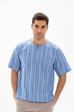 تیشرت دستمال راه‎راه یقه گرد آستین کوتاه سایز بزرگ سفید آبی مردانه برند Eliş Şile Bezi کد 1685859772