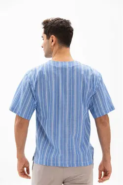 تیشرت دستمال راه‎راه یقه گرد آستین کوتاه سایز بزرگ سفید آبی مردانه برند Eliş Şile Bezi کد 1685859772