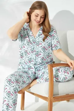 لباس راحتی دکمه‎دار بافتنی قد سایز بزرگ طرح‎دار پیچک سبز برند Siyah İnci کد 1685822594