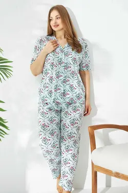 لباس راحتی دکمه‎دار بافتنی قد سایز بزرگ طرح‎دار پیچک سبز برند Siyah İnci کد 1685822594