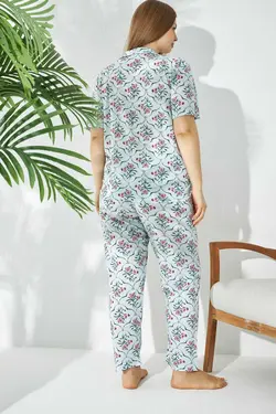 لباس راحتی دکمه‎دار بافتنی قد سایز بزرگ طرح‎دار پیچک سبز برند Siyah İnci کد 1685822594