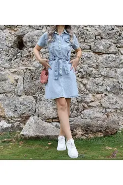 پیراهن جین کوچک آستین دار کمربند‎دار نیم آبی زنانه برند BelezaStore کد 1685944117