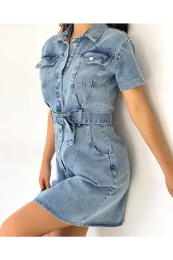 پیراهن جین کوچک آستین دار کمربند‎دار نیم آبی زنانه برند BelezaStore کد 1685944117