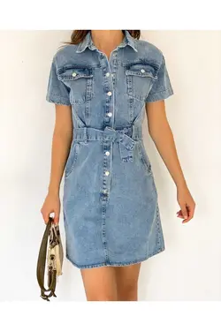 پیراهن جین کوچک آستین دار کمربند‎دار نیم آبی زنانه برند BelezaStore کد 1685944117