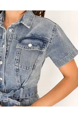 پیراهن جین کوچک آستین دار کمربند‎دار نیم آبی زنانه برند BelezaStore کد 1685944117