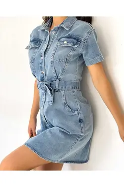 پیراهن جین کوچک آستین دار کمربند‎دار نیم آبی زنانه برند BelezaStore کد 1685944117