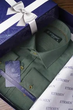 پیراهن جعبه‎دار دکمه‎دار کادو اسلیم فیت کاکتوس سبز قهوه برند Etikmen کد 1686479910
