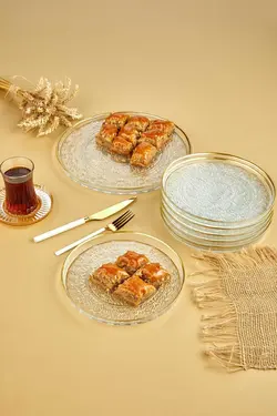 بشقاب سرویس ست صبحانه طلاکاری شده شیرینی کیک شیشه ای 7تکه طلایی برند chiesa کد 1686495888