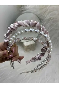 تاج ست 3تایی نگین دار مروارید دوزی شده چیندار ساتن پودر برند SELENDA COLLECTION کد 1686633793