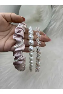 تاج ست 3تایی نگین دار مروارید دوزی شده چیندار ساتن پودر برند SELENDA COLLECTION کد 1686633793
