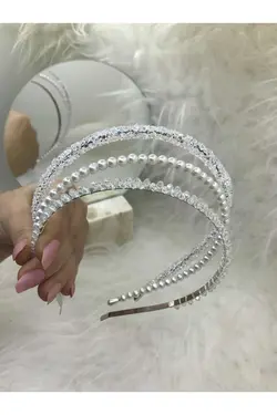 تاج ست براق شفاف 3تایی نگین دار مروارید دوزی شده برند SELENDA COLLECTION کد 1686632380