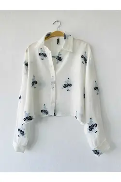 پیراهن گلدار پارچه پنبه ای قلاب دوزی شده کوتاه سفید آبی زنانه برند Retrobird کد 1686598675