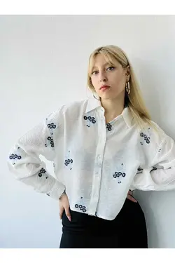 پیراهن گلدار پارچه پنبه ای قلاب دوزی شده کوتاه سفید آبی زنانه برند Retrobird کد 1686598675
