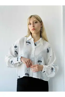 پیراهن گلدار پارچه پنبه ای قلاب دوزی شده کوتاه سفید آبی زنانه برند Retrobird کد 1686598675
