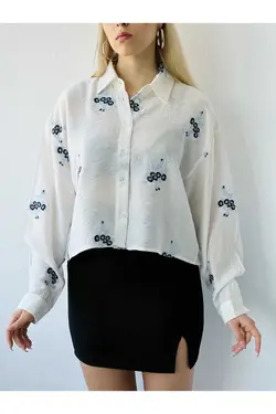پیراهن گلدار پارچه پنبه ای قلاب دوزی شده کوتاه سفید آبی زنانه برند Retrobird کد 1686598675