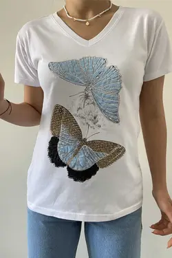 پولک دوزی شده پروانه یقه هفت سفید تیشرت 100پنبه زنانه برند FURKAN EXCLUSIVE کد 1686580651