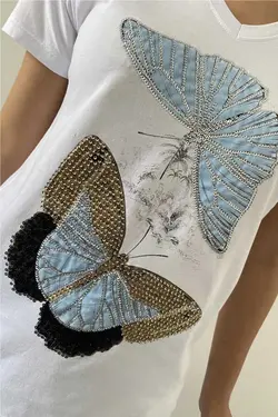 پولک دوزی شده پروانه یقه هفت سفید تیشرت 100پنبه زنانه برند FURKAN EXCLUSIVE کد 1686580651