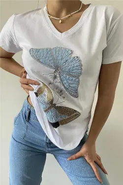 پولک دوزی شده پروانه یقه هفت سفید تیشرت 100پنبه زنانه برند FURKAN EXCLUSIVE کد 1686580651