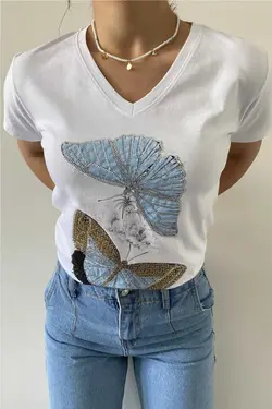 پولک دوزی شده پروانه یقه هفت سفید تیشرت 100پنبه زنانه برند FURKAN EXCLUSIVE کد 1686580651