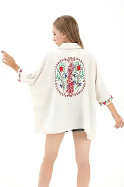 پیراهن کتان آستین خفاشی چاک دار قلاب دوزی شده سنگی زنانه برند VAPUR کد 1686578332